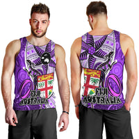 Fiji Australia Rugby Men Tank Top Kangaroo and Palm Tree Purple Tapa Pattern Mix Aboriginal LT03 - Polynesian Pride