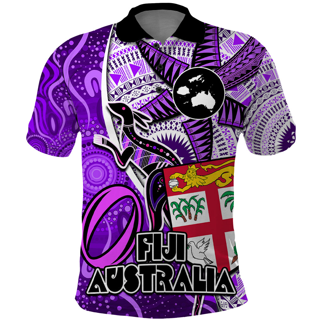 Fiji Australia Rugby Polo Shirt Kangaroo and Palm Tree Purple Tapa Pattern Mix Aboriginal LT03 Purple - Polynesian Pride