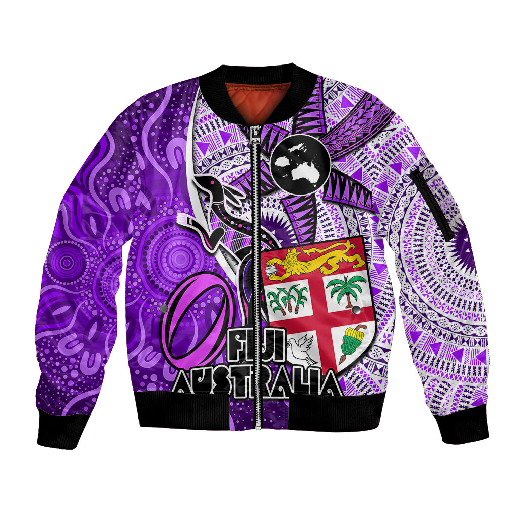 Fiji Australia Rugby Sleeve Zip Bomber Jacket Kangaroo and Palm Tree Purple Tapa Pattern Mix Aboriginal LT03 Unisex Purple - Polynesian Pride