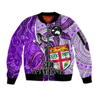 Fiji Australia Rugby Sleeve Zip Bomber Jacket Kangaroo and Palm Tree Purple Tapa Pattern Mix Aboriginal LT03 Unisex Purple - Polynesian Pride