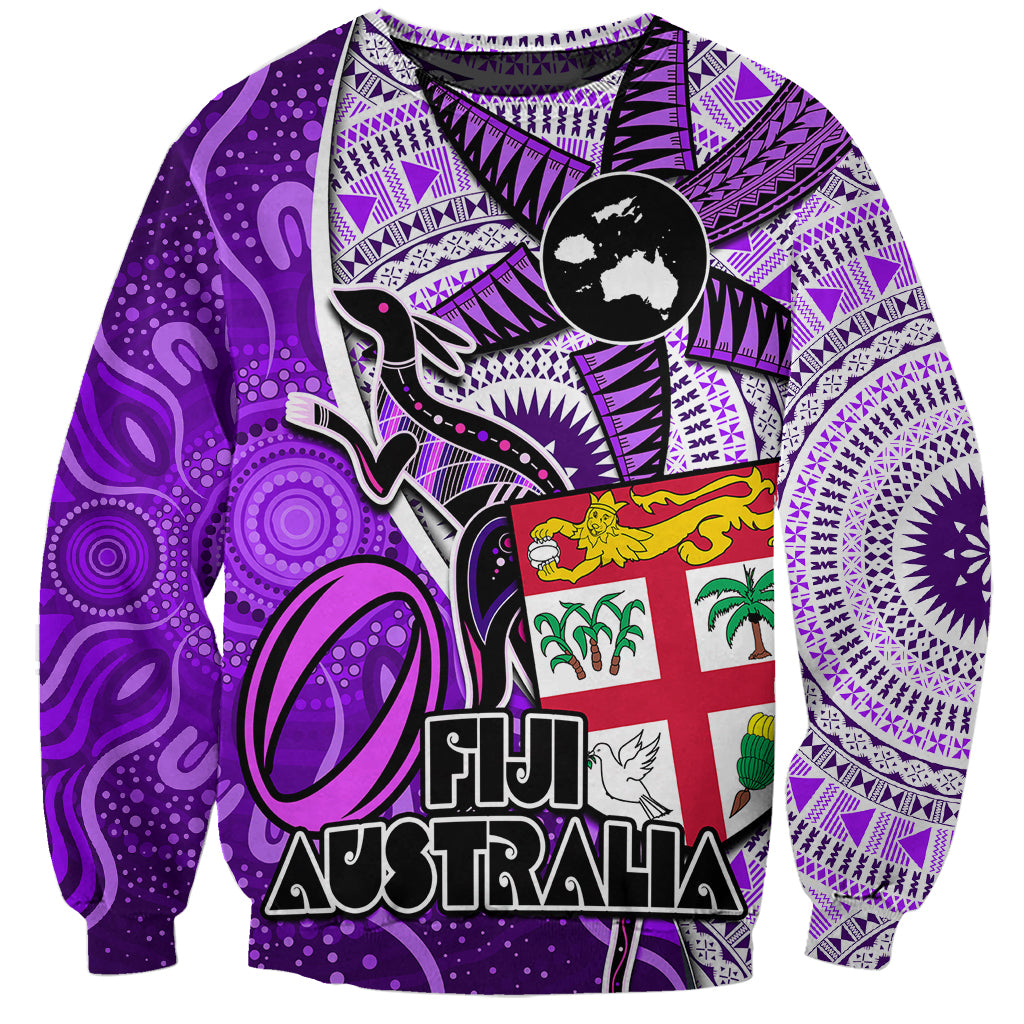 Fiji Australia Rugby Sweatshirt Kangaroo and Palm Tree Purple Tapa Pattern Mix Aboriginal LT03 Unisex Purple - Polynesian Pride