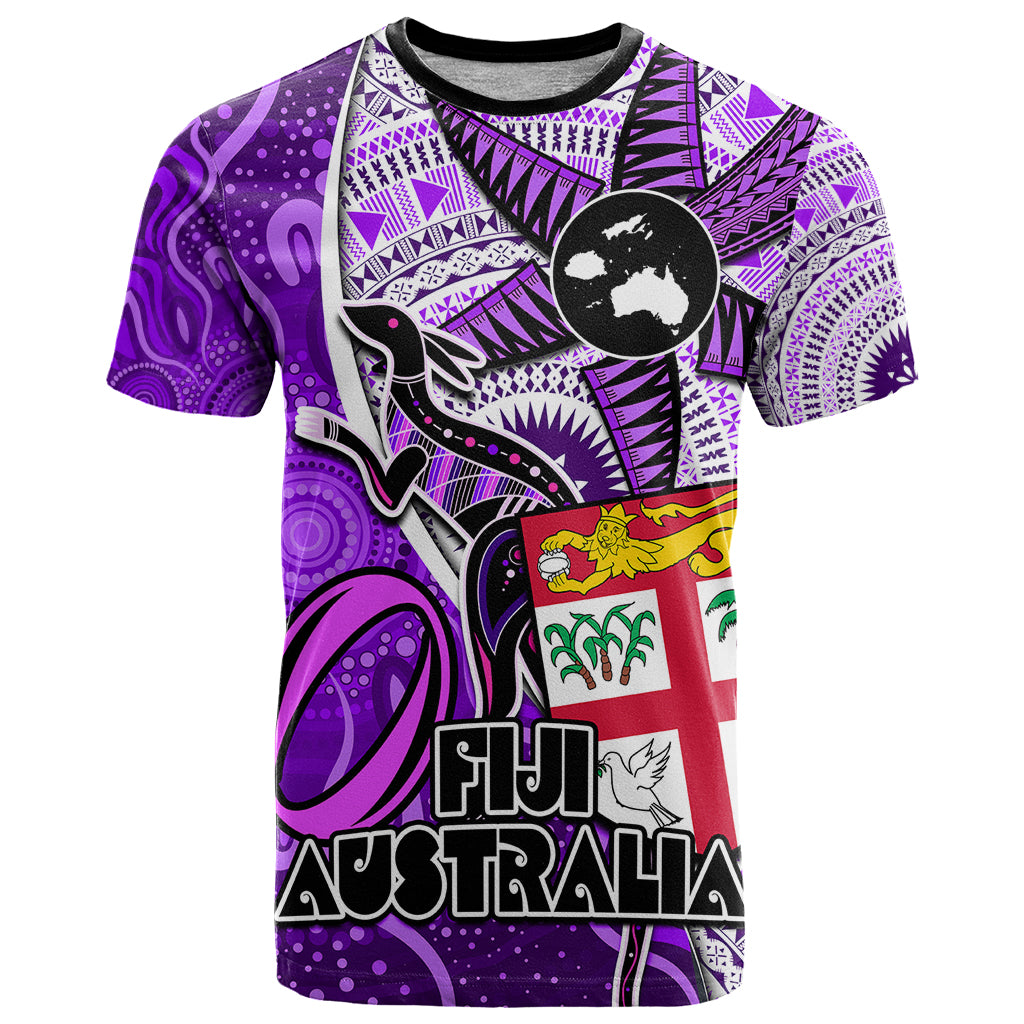 Fiji Australia Rugby T Shirt Kangaroo and Palm Tree Purple Tapa Pattern Mix Aboriginal LT03 Purple - Polynesian Pride