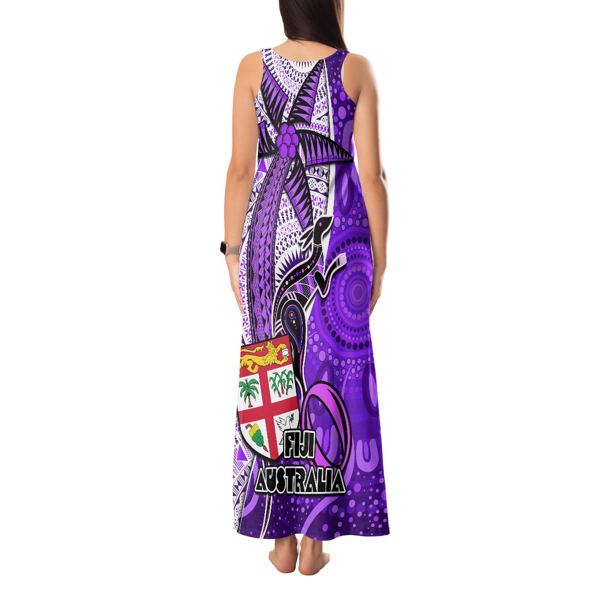 Fiji Australia Rugby Tank Maxi Dress Kangaroo and Palm Tree Purple Tapa Pattern Mix Aboriginal LT03 - Polynesian Pride