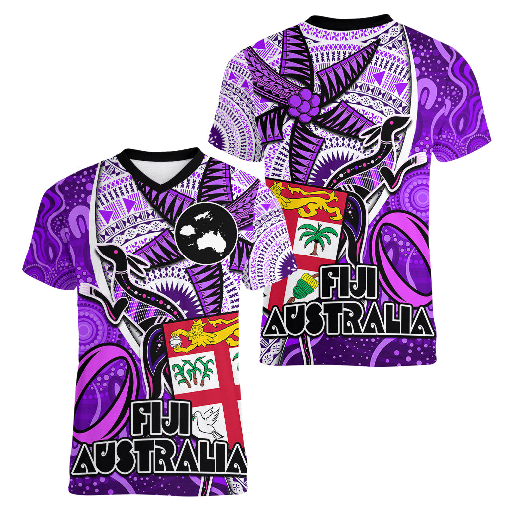 fiji-australia-rugby-women-v-neck-t-shirt-kangaroo-and-palm-tree-purple-tapa-pattern-mix-aboriginal