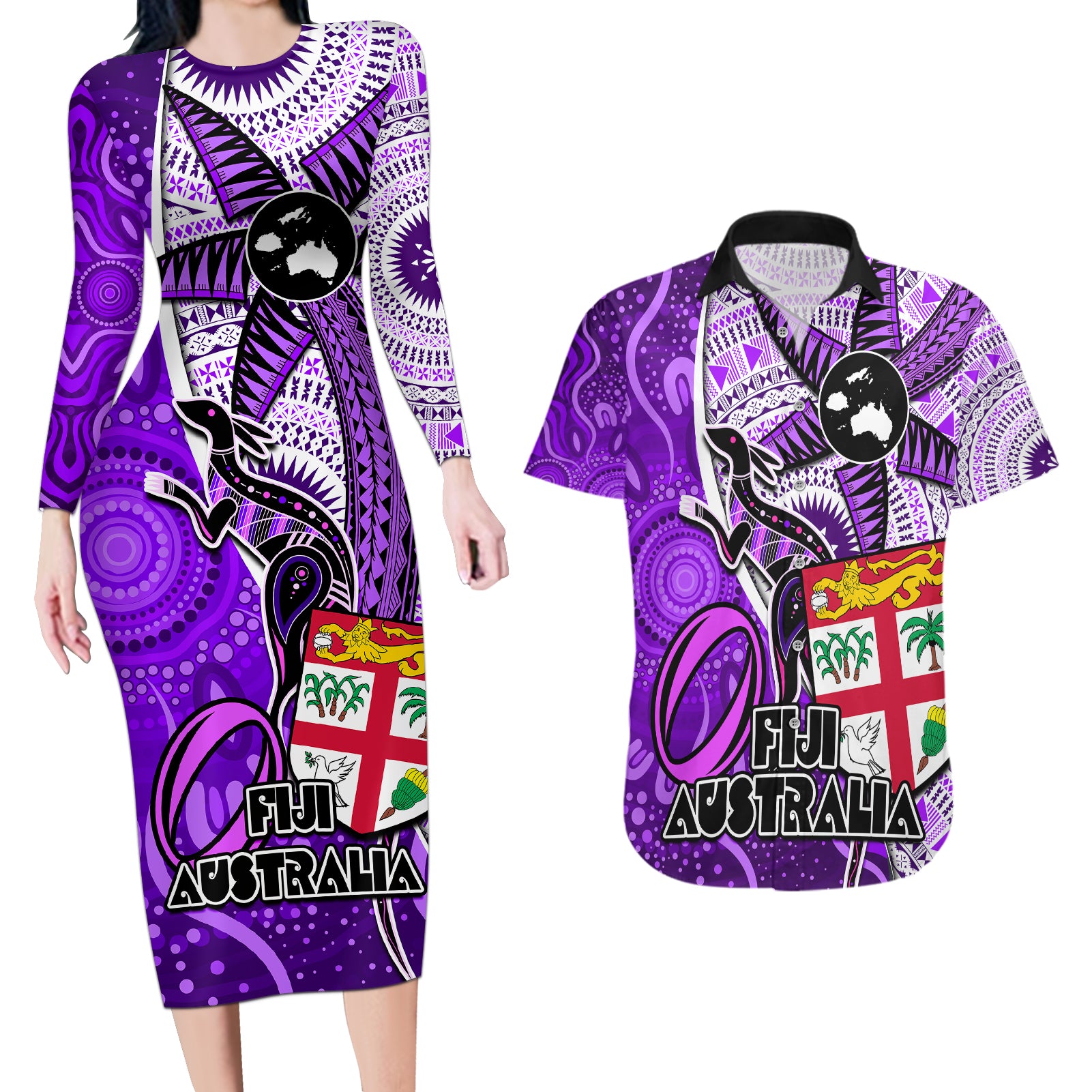 personalised-fiji-australia-rugby-couples-matching-long-sleeve-bodycon-dress-and-hawaiian-shirt-kangaroo-and-palm-tree-purple-tapa-pattern-mix-aboriginal