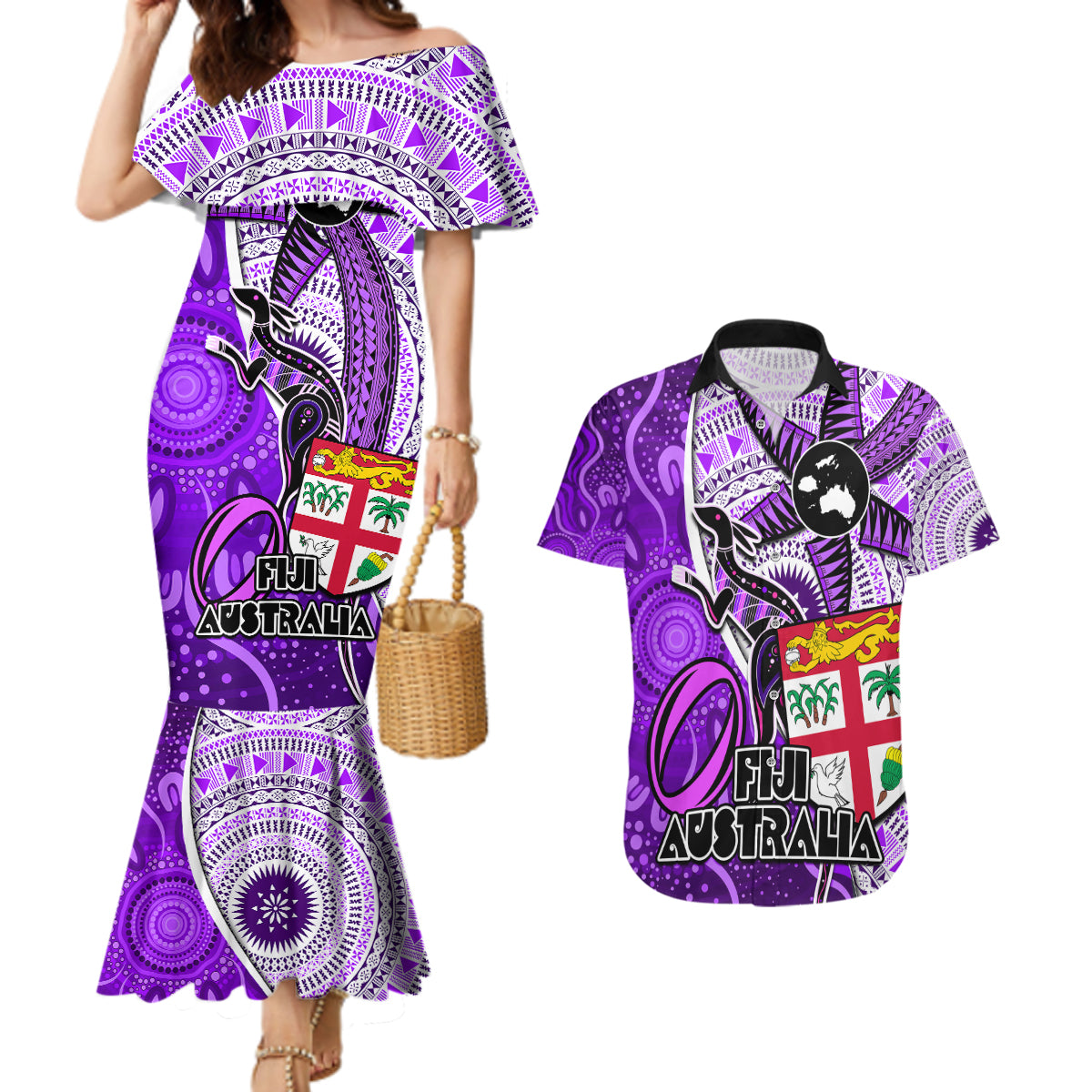 personalised-fiji-australia-rugby-couples-matching-mermaid-dress-and-hawaiian-shirt-kangaroo-and-palm-tree-purple-tapa-pattern-mix-aboriginal