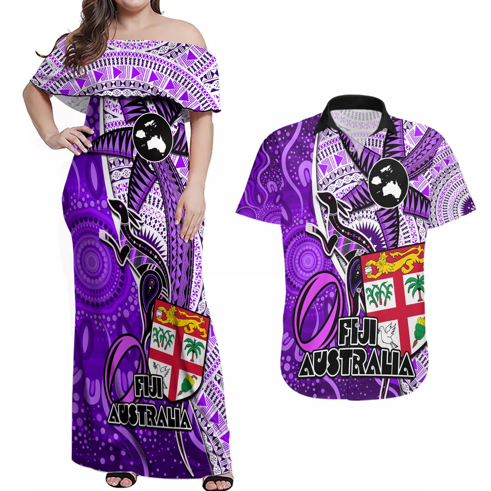 personalised-fiji-australia-rugby-couples-matching-off-shoulder-maxi-dress-and-hawaiian-shirt-kangaroo-and-palm-tree-purple-tapa-pattern-mix-aboriginal