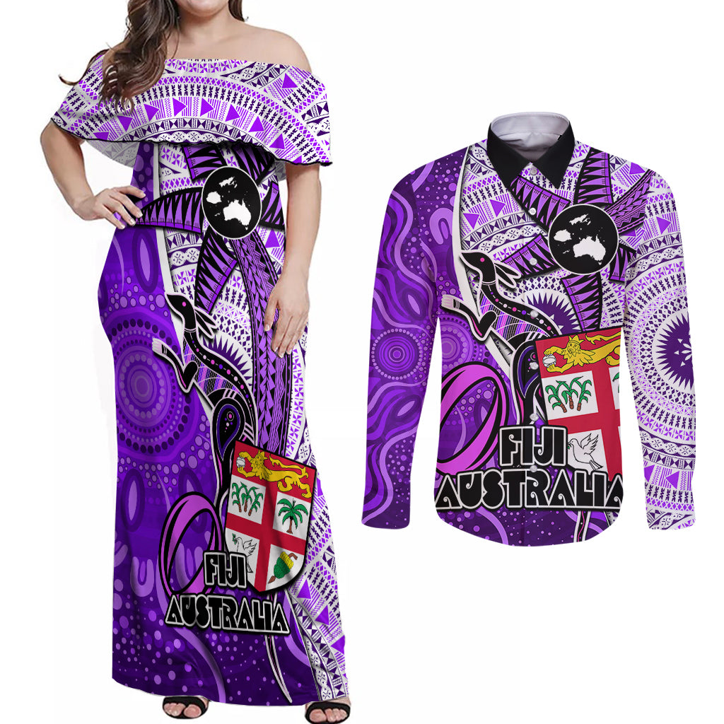 personalised-fiji-australia-rugby-couples-matching-off-shoulder-maxi-dress-and-long-sleeve-button-shirts-kangaroo-and-palm-tree-purple-tapa-pattern-mix-aboriginal