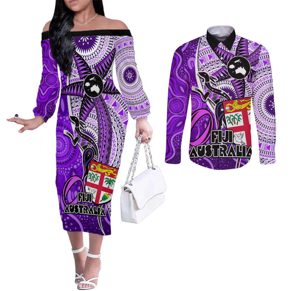 personalised-fiji-australia-rugby-couples-matching-off-the-shoulder-long-sleeve-dress-and-long-sleeve-button-shirts-kangaroo-and-palm-tree-purple-tapa-pattern-mix-aboriginal