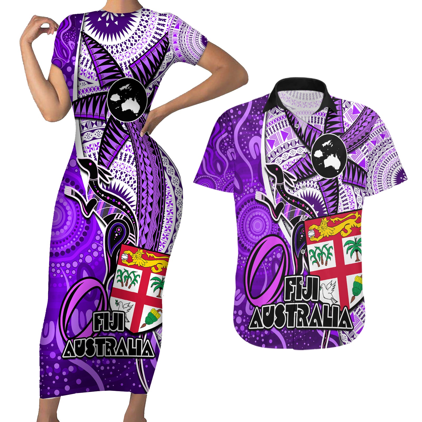 personalised-fiji-australia-rugby-couples-matching-short-sleeve-bodycon-dress-and-hawaiian-shirt-kangaroo-and-palm-tree-purple-tapa-pattern-mix-aboriginal