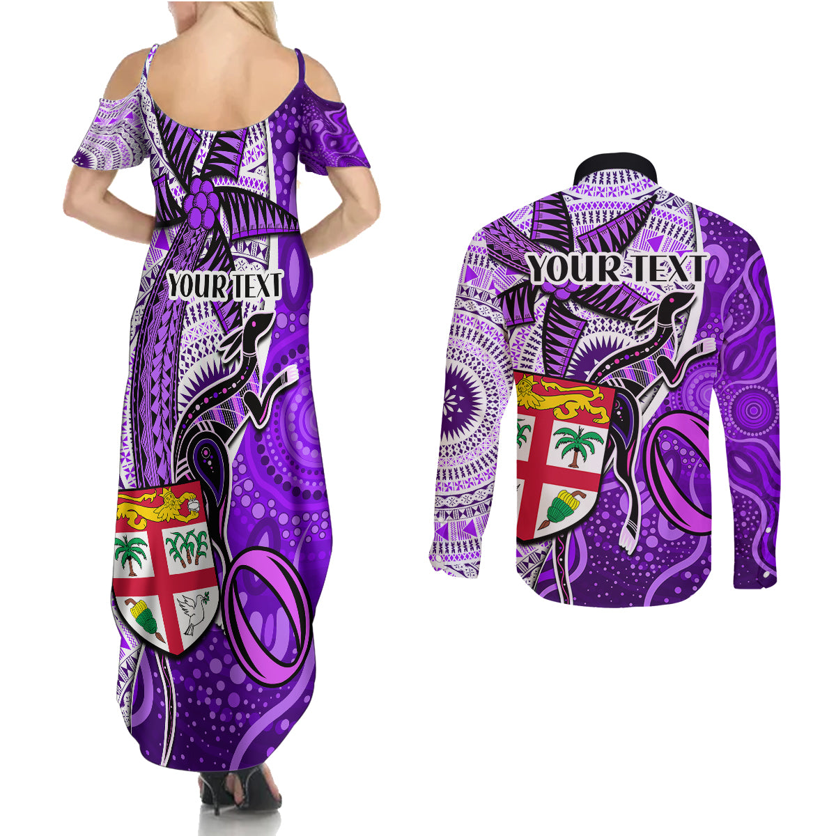 personalised-fiji-australia-rugby-couples-matching-summer-maxi-dress-and-long-sleeve-button-shirts-kangaroo-and-palm-tree-purple-tapa-pattern-mix-aboriginal