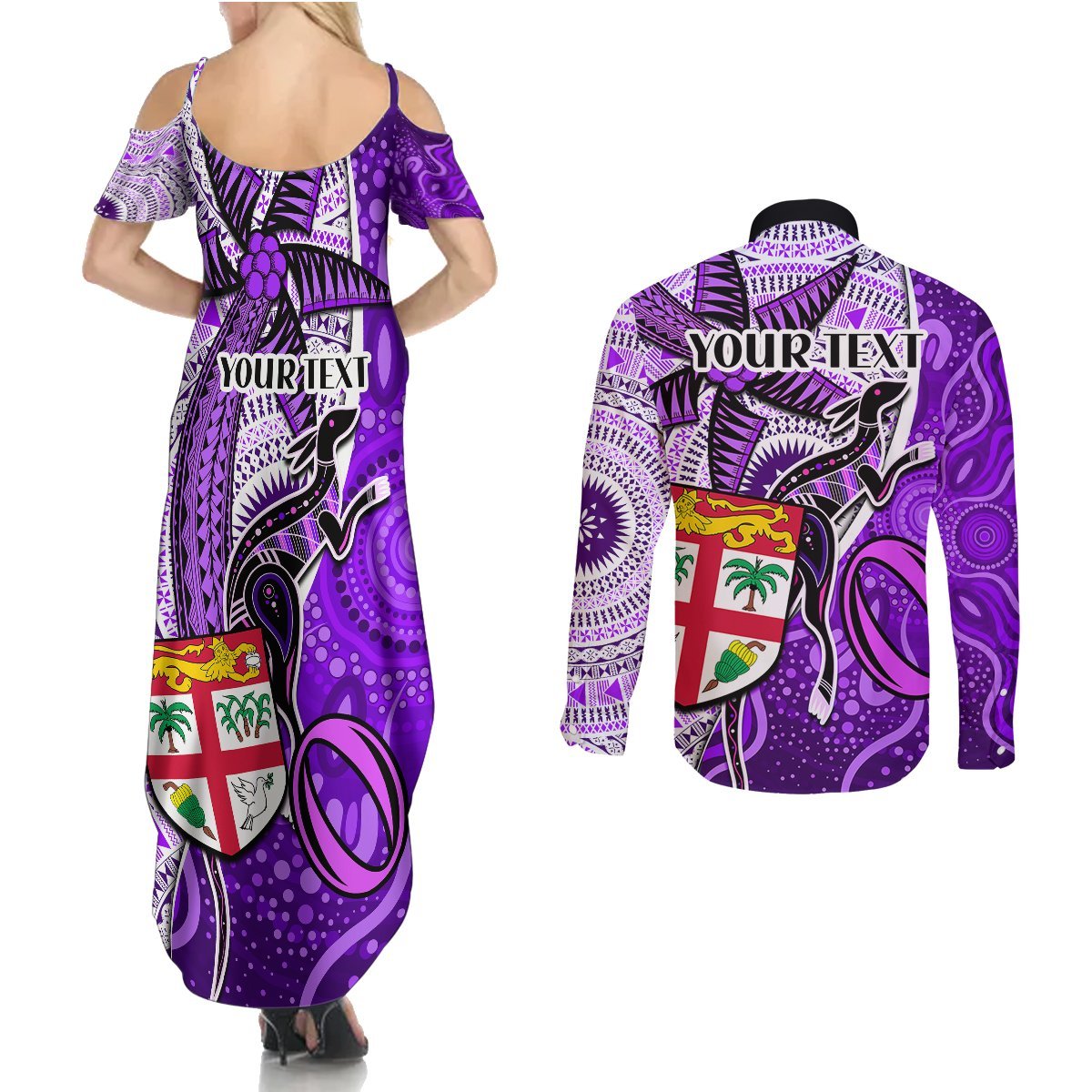 Personalised Fiji Australia Rugby Couples Matching Summer Maxi Dress and Long Sleeve Button Shirts Kangaroo and Palm Tree Purple Tapa Pattern Mix Aboriginal LT03 - Polynesian Pride