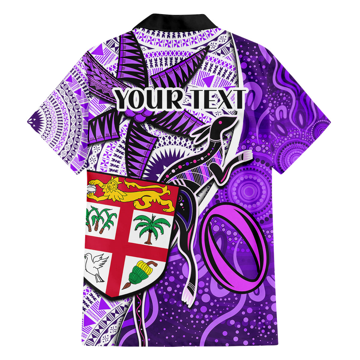 personalised-fiji-australia-rugby-family-matching-off-shoulder-short-dress-and-hawaiian-shirt-kangaroo-and-palm-tree-purple-tapa-pattern-mix-aboriginal