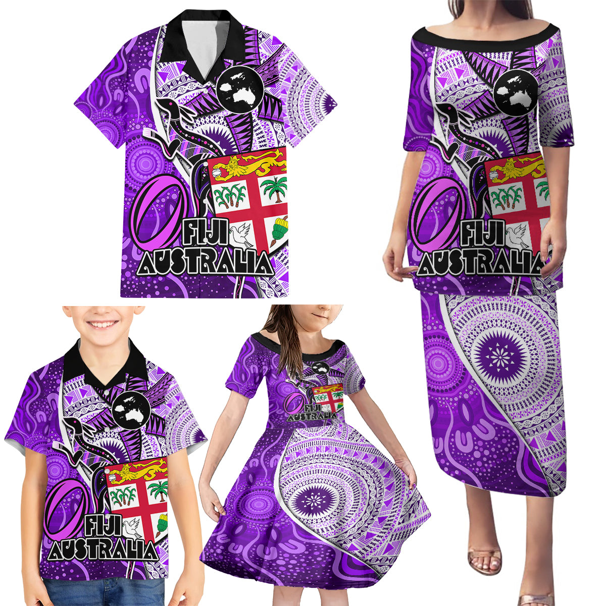 Personalised Fiji Australia Rugby Family Matching Puletasi Dress and Hawaiian Shirt Kangaroo and Palm Tree Purple Tapa Pattern Mix Aboriginal LT03 - Polynesian Pride