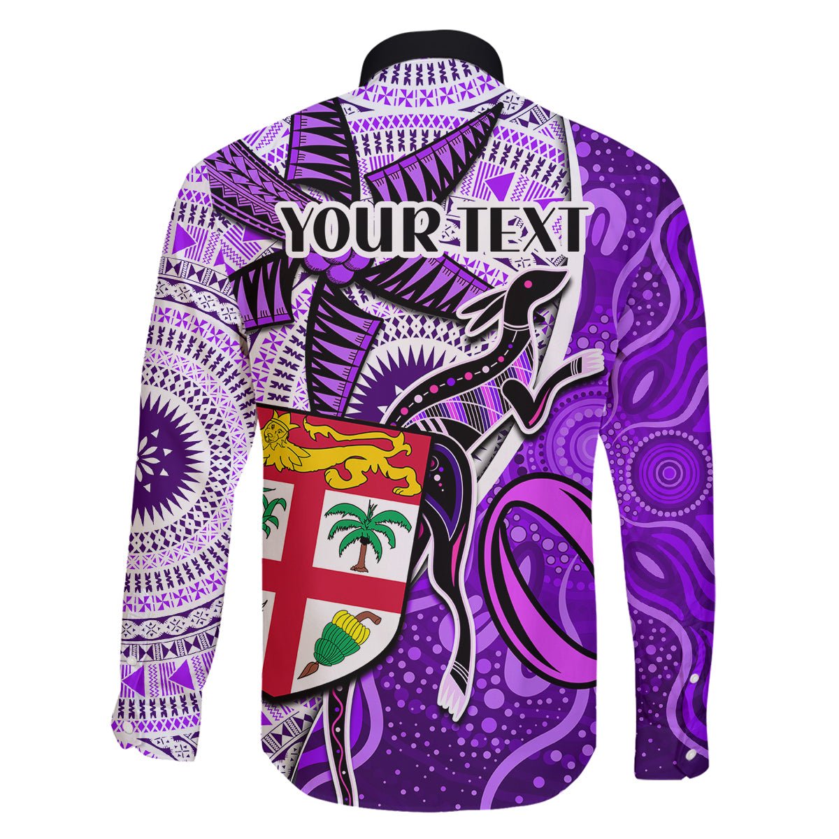 Personalised Fiji Australia Rugby Family Matching Puletasi Dress and Hawaiian Shirt Kangaroo and Palm Tree Purple Tapa Pattern Mix Aboriginal LT03 - Polynesian Pride