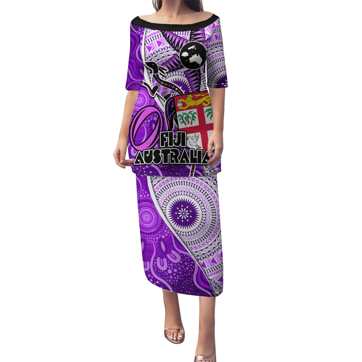 Personalised Fiji Australia Rugby Family Matching Puletasi Dress and Hawaiian Shirt Kangaroo and Palm Tree Purple Tapa Pattern Mix Aboriginal LT03 Mom's Dress Purple - Polynesian Pride