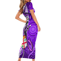 personalised-fiji-australia-rugby-family-matching-short-sleeve-bodycon-dress-and-hawaiian-shirt-kangaroo-and-palm-tree-purple-tapa-pattern-mix-aboriginal