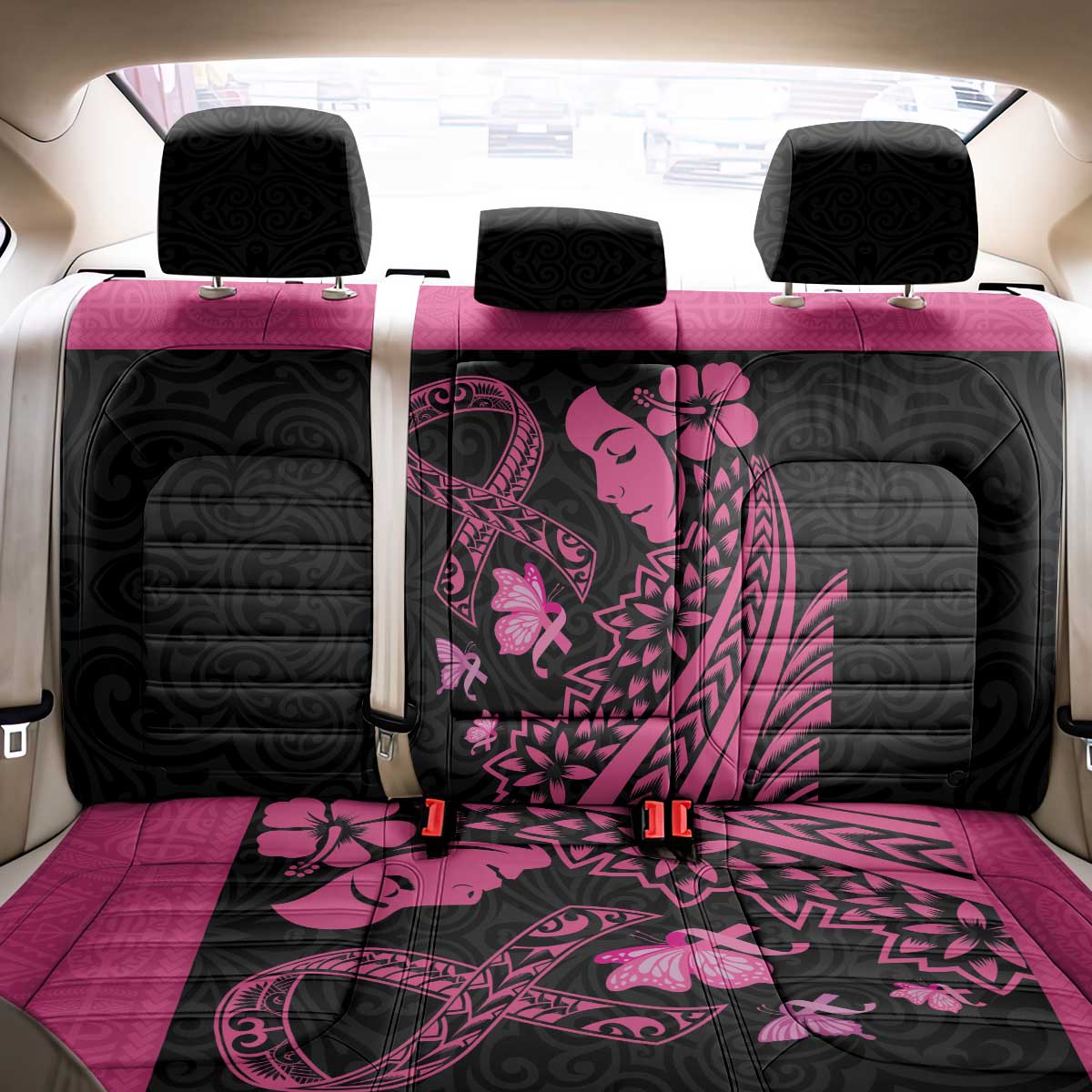 Breast Cancer Awareness Back Car Seat Cover Think Pink Polynesian Ribbon and Butterfly