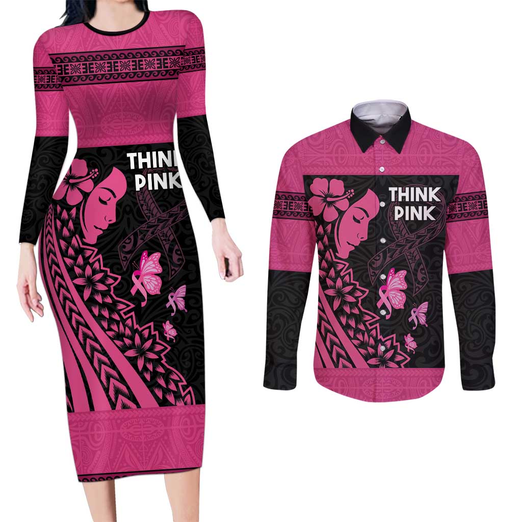 Breast Cancer Awareness Couples Matching Long Sleeve Bodycon Dress and Long Sleeve Button Shirt Think Pink Polynesian Ribbon and Butterfly LT03 Pink - Polynesian Pride