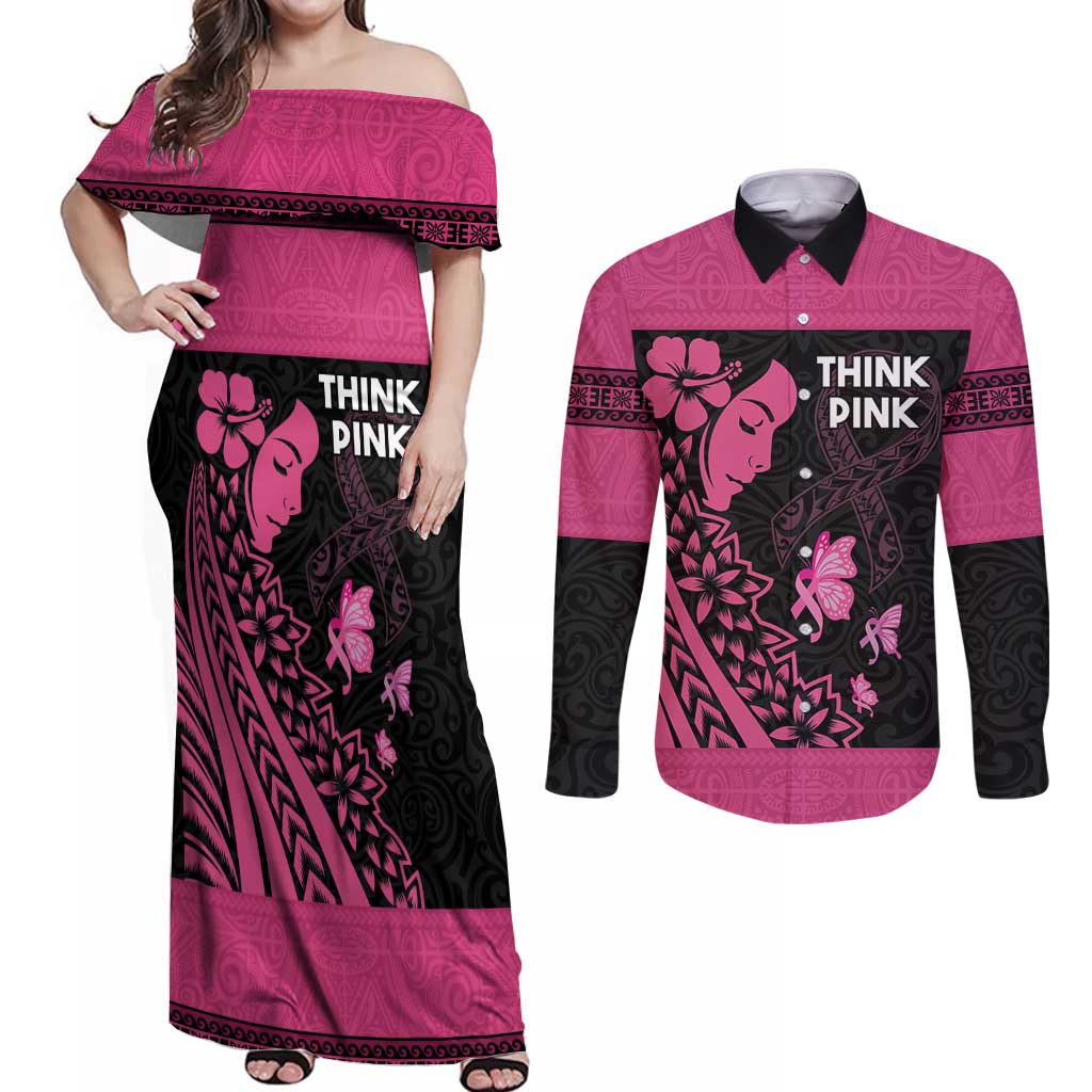 Breast Cancer Awareness Couples Matching Off Shoulder Maxi Dress and Long Sleeve Button Shirt Think Pink Polynesian Ribbon and Butterfly LT03 Pink - Polynesian Pride
