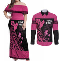Breast Cancer Awareness Couples Matching Off Shoulder Maxi Dress and Long Sleeve Button Shirt Think Pink Polynesian Ribbon and Butterfly LT03 Pink - Polynesian Pride