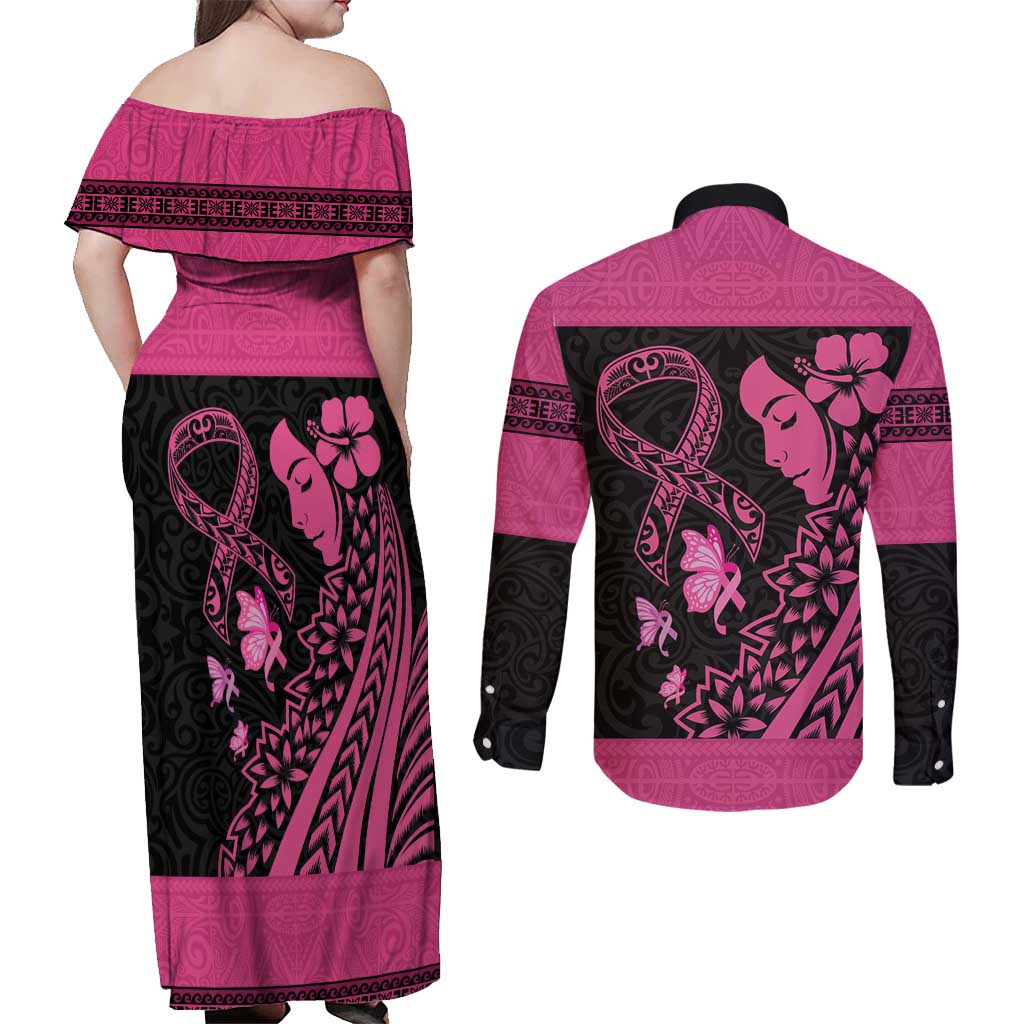 Breast Cancer Awareness Couples Matching Off Shoulder Maxi Dress and Long Sleeve Button Shirt Think Pink Polynesian Ribbon and Butterfly LT03 - Polynesian Pride