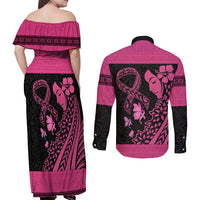 Breast Cancer Awareness Couples Matching Off Shoulder Maxi Dress and Long Sleeve Button Shirt Think Pink Polynesian Ribbon and Butterfly LT03 - Polynesian Pride