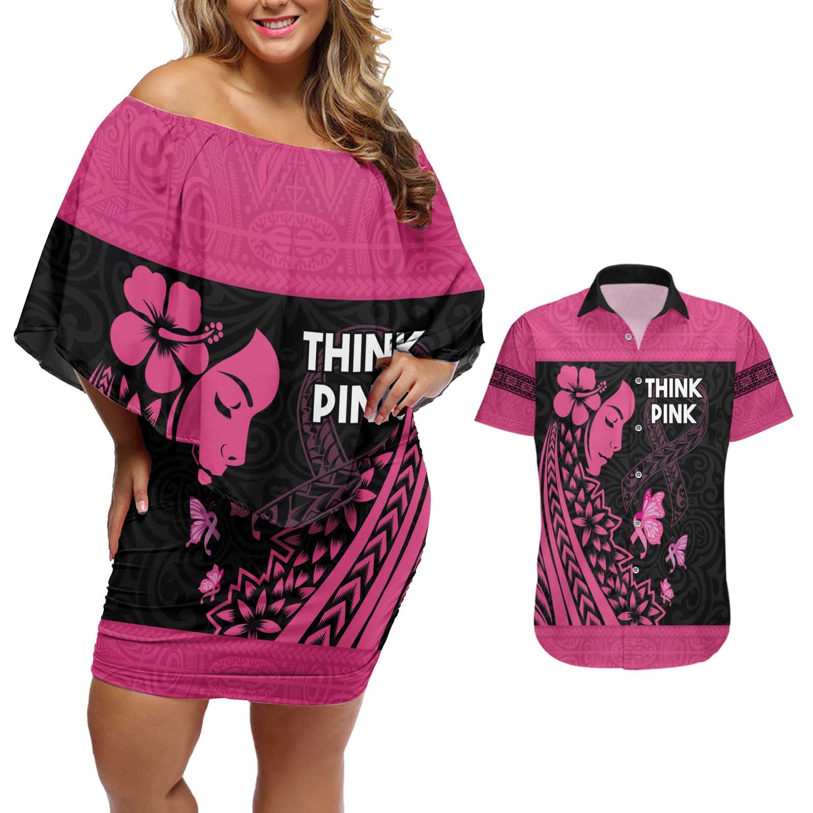 Breast Cancer Awareness Couples Matching Off Shoulder Short Dress and Hawaiian Shirt Think Pink Polynesian Ribbon and Butterfly LT03 Pink - Polynesian Pride