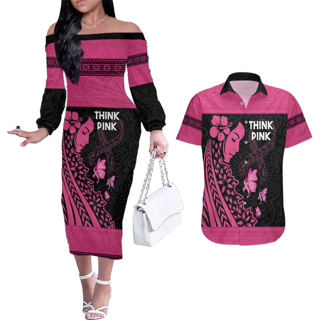 Breast Cancer Awareness Couples Matching Off The Shoulder Long Sleeve Dress and Hawaiian Shirt Think Pink Polynesian Ribbon and Butterfly LT03 Pink - Polynesian Pride