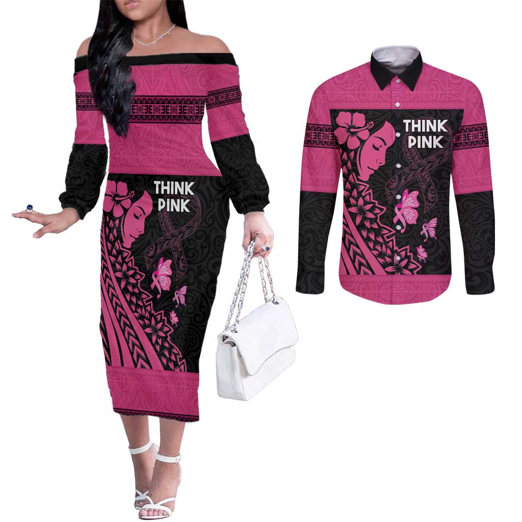 Breast Cancer Awareness Couples Matching Off The Shoulder Long Sleeve Dress and Long Sleeve Button Shirt Think Pink Polynesian Ribbon and Butterfly LT03 Pink - Polynesian Pride
