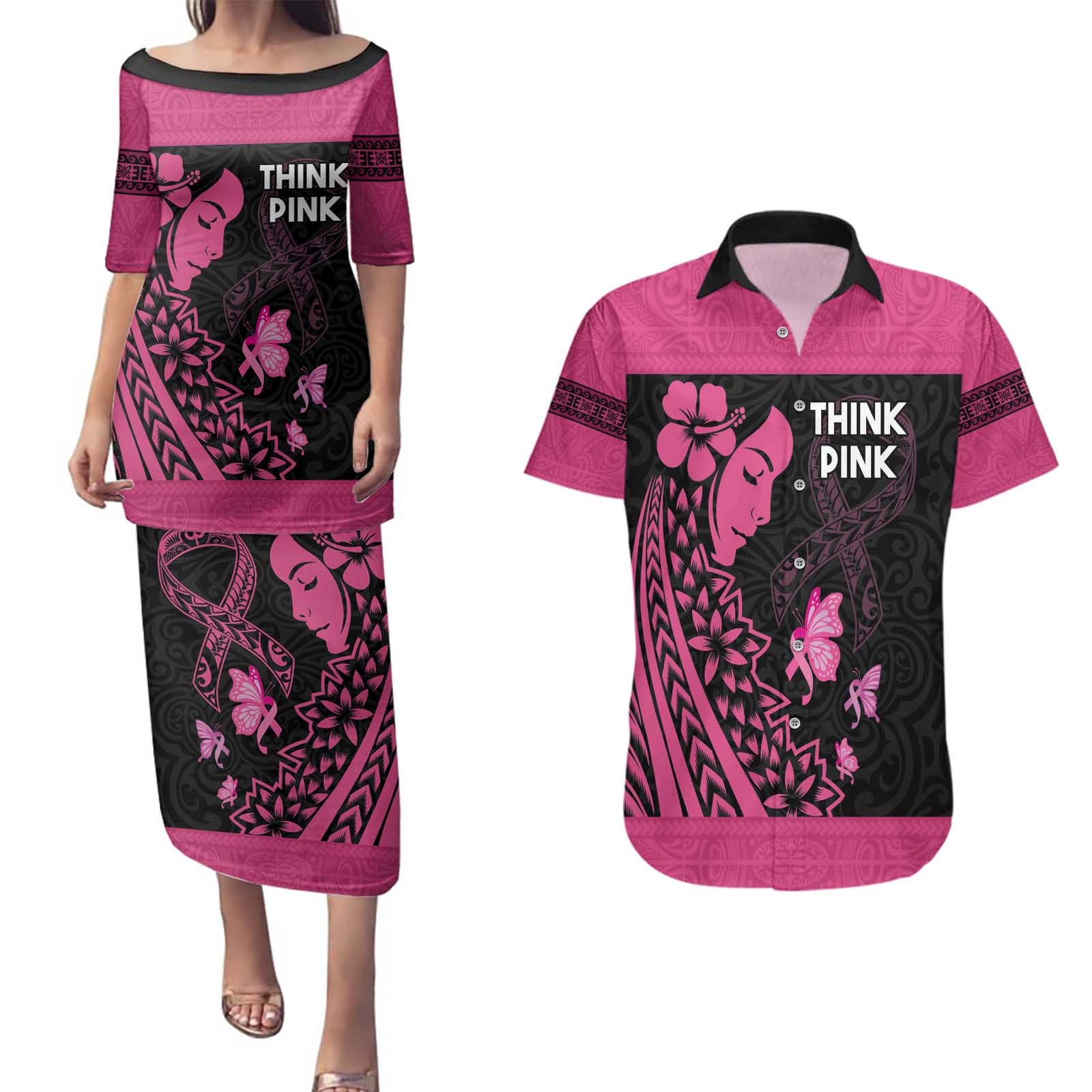 Breast Cancer Awareness Couples Matching Puletasi and Hawaiian Shirt Think Pink Polynesian Ribbon and Butterfly LT03 Pink - Polynesian Pride