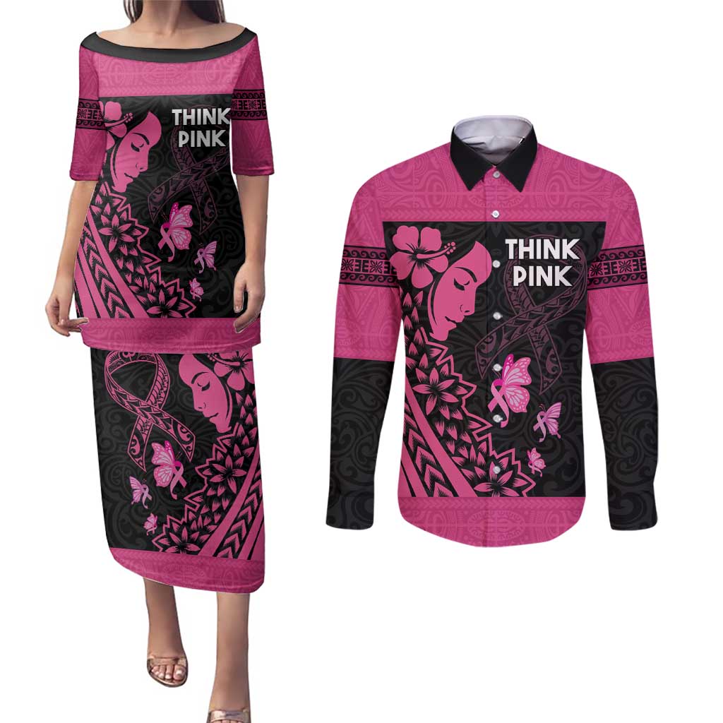 Breast Cancer Awareness Couples Matching Puletasi and Long Sleeve Button Shirt Think Pink Polynesian Ribbon and Butterfly LT03 Pink - Polynesian Pride