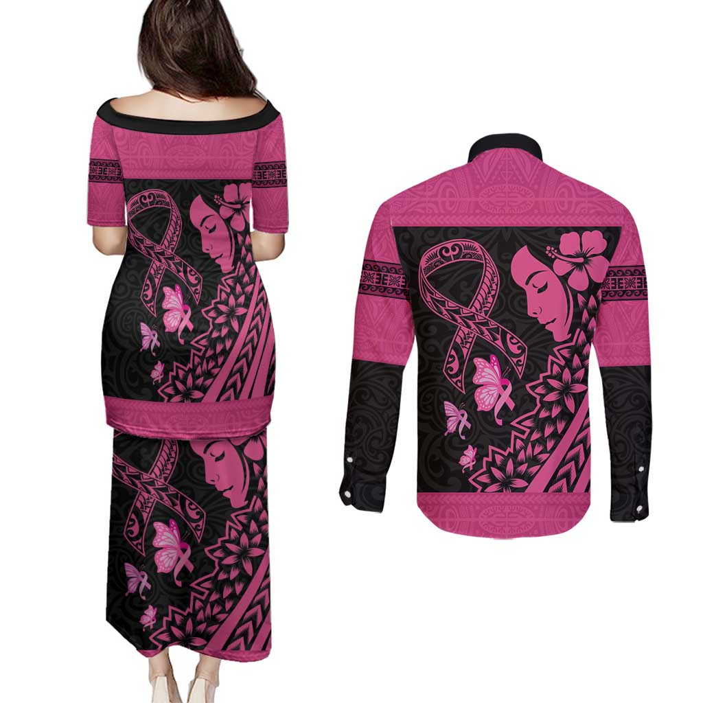 Breast Cancer Awareness Couples Matching Puletasi and Long Sleeve Button Shirt Think Pink Polynesian Ribbon and Butterfly LT03 - Polynesian Pride