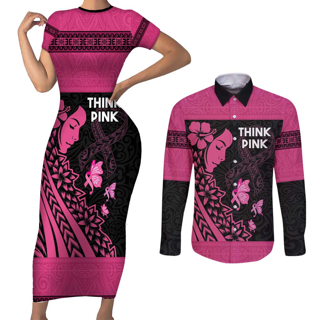Breast Cancer Awareness Couples Matching Short Sleeve Bodycon Dress and Long Sleeve Button Shirt Think Pink Polynesian Ribbon and Butterfly LT03 Pink - Polynesian Pride