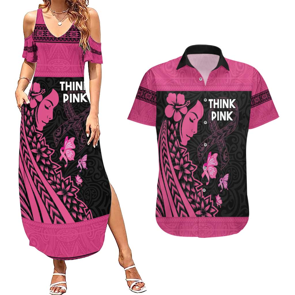 Breast Cancer Awareness Couples Matching Summer Maxi Dress and Hawaiian Shirt Think Pink Polynesian Ribbon and Butterfly LT03 Pink - Polynesian Pride