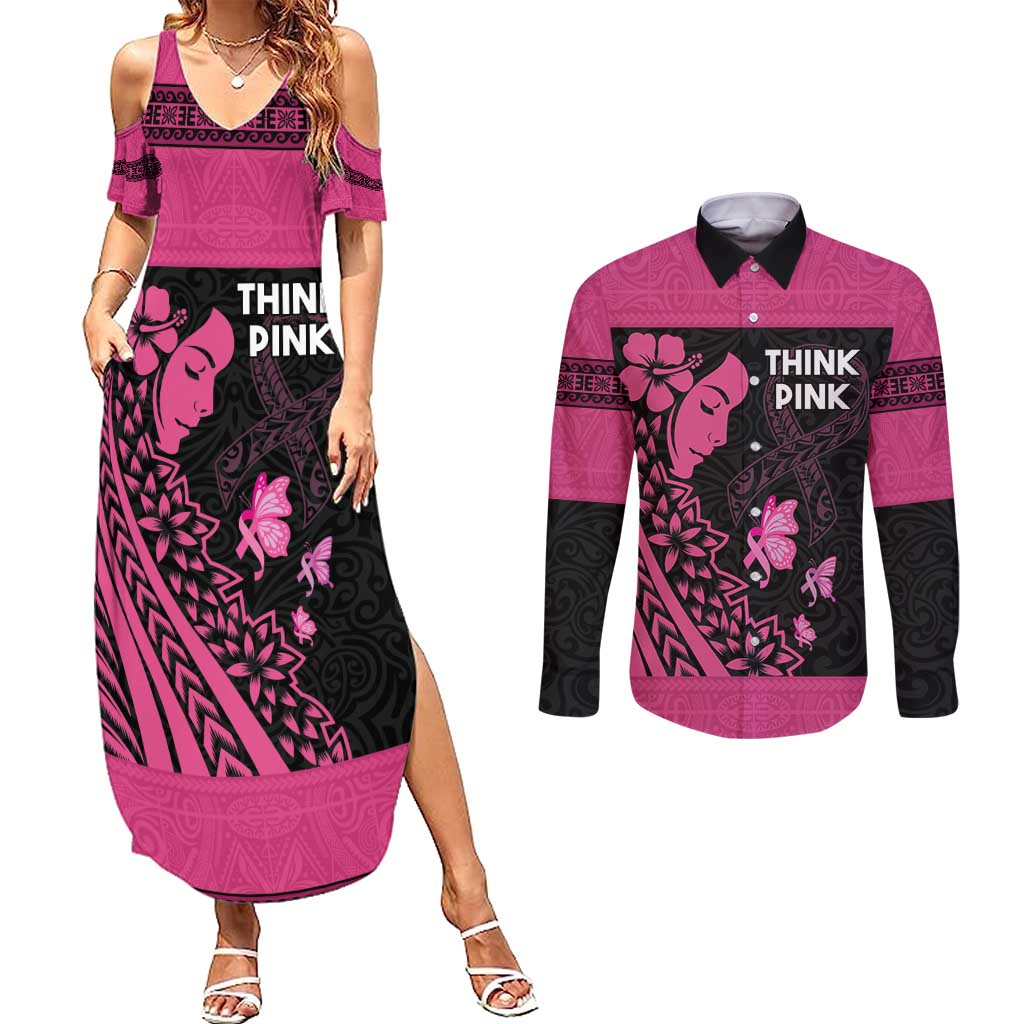 Breast Cancer Awareness Couples Matching Summer Maxi Dress and Long Sleeve Button Shirt Think Pink Polynesian Ribbon and Butterfly LT03 Pink - Polynesian Pride