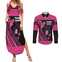 Breast Cancer Awareness Couples Matching Summer Maxi Dress and Long Sleeve Button Shirt Think Pink Polynesian Ribbon and Butterfly LT03 Pink - Polynesian Pride