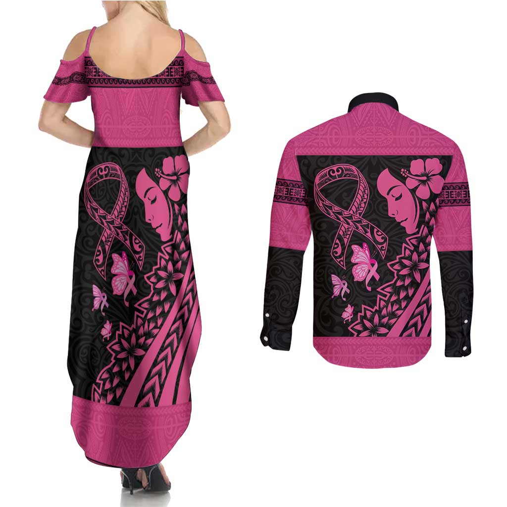 Breast Cancer Awareness Couples Matching Summer Maxi Dress and Long Sleeve Button Shirt Think Pink Polynesian Ribbon and Butterfly LT03 - Polynesian Pride