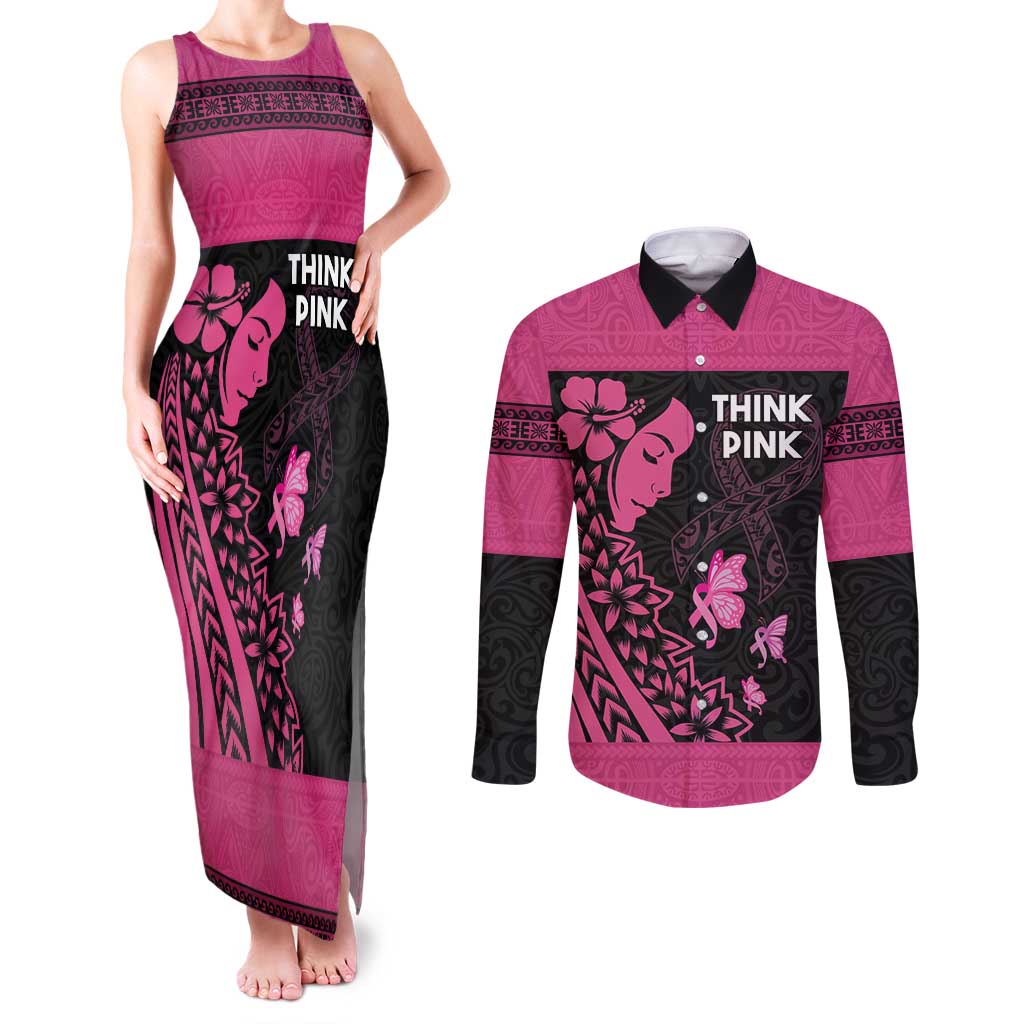 Breast Cancer Awareness Couples Matching Tank Maxi Dress and Long Sleeve Button Shirt Think Pink Polynesian Ribbon and Butterfly LT03 Pink - Polynesian Pride