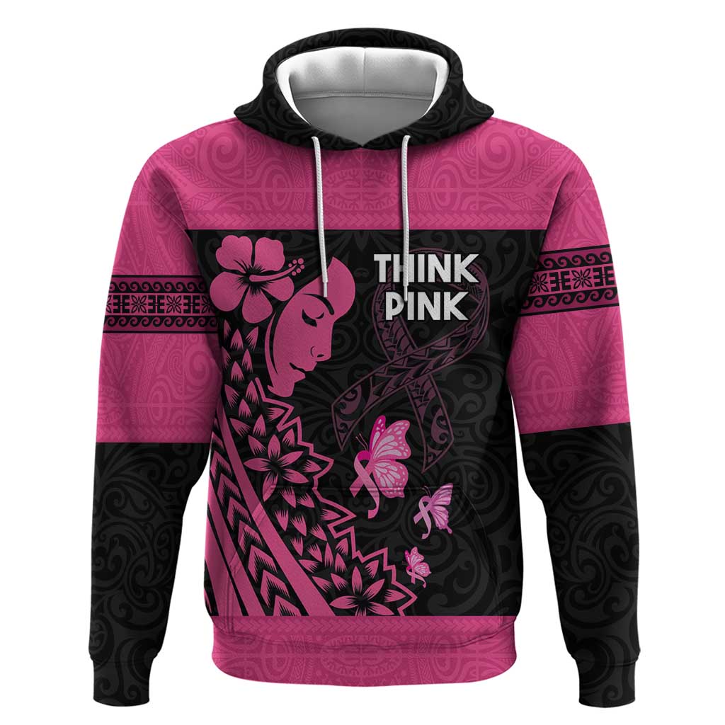 Breast Cancer Awareness Hoodie Think Pink Polynesian Ribbon and Butterfly