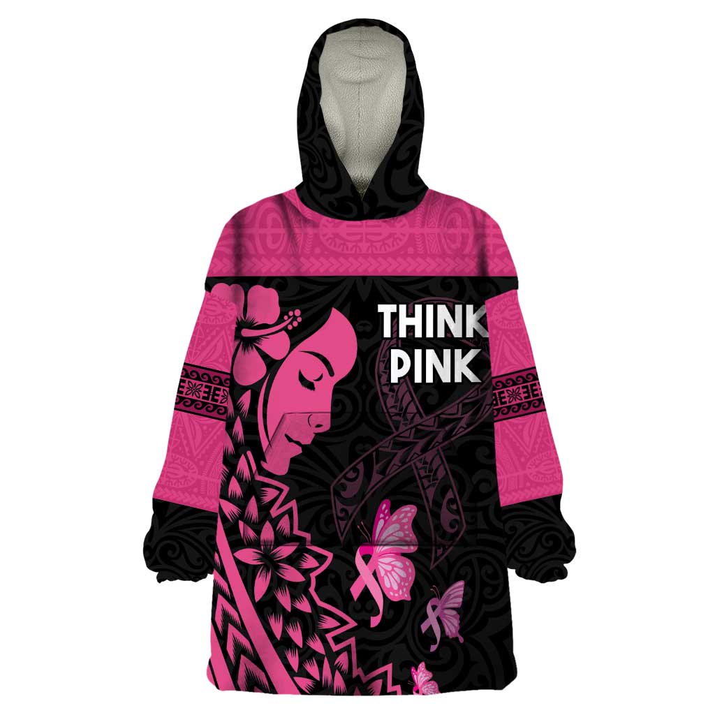 Breast Cancer Awareness Wearable Blanket Hoodie Think Pink Polynesian Ribbon and Butterfly