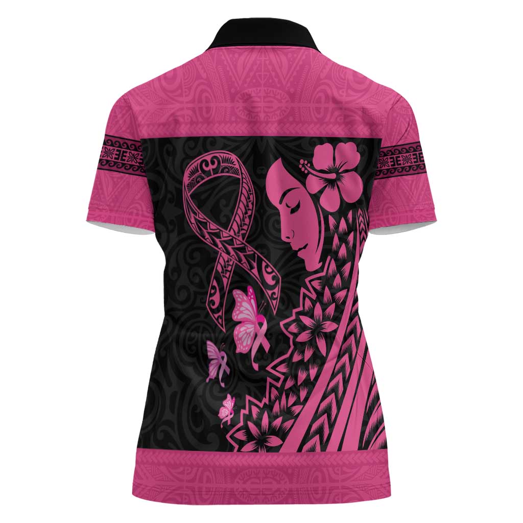 Breast Cancer Awareness Women Polo Shirt Think Pink Polynesian Ribbon and Butterfly