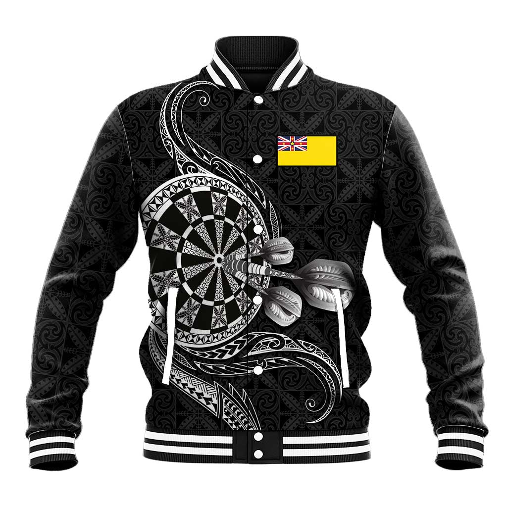 Personalised Niue Darts Masters Baseball Jacket Tribal Hiapo Dartboard LT03 Unisex Black - Polynesian Pride