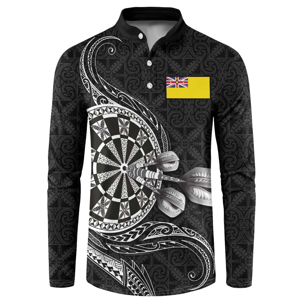 Personalised Niue Darts Masters Button Sweatshirt Tribal Hiapo Dartboard LT03 Black - Polynesian Pride
