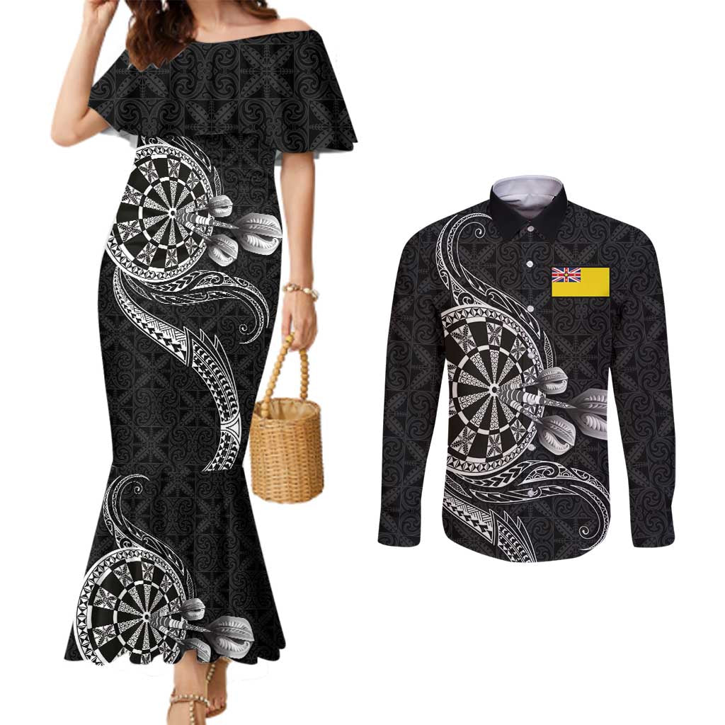 Personalised Niue Darts Masters Couples Matching Mermaid Dress and Long Sleeve Button Shirt Tribal Hiapo Dartboard - Polynesian Pride
