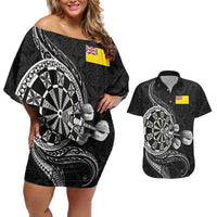 Personalised Niue Darts Masters Couples Matching Off Shoulder Short Dress and Hawaiian Shirt Tribal Hiapo Dartboard - Polynesian Pride