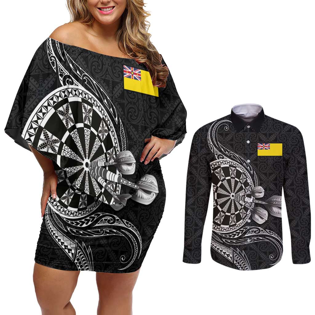 Personalised Niue Darts Masters Couples Matching Off Shoulder Short Dress and Long Sleeve Button Shirt Tribal Hiapo Dartboard - Polynesian Pride