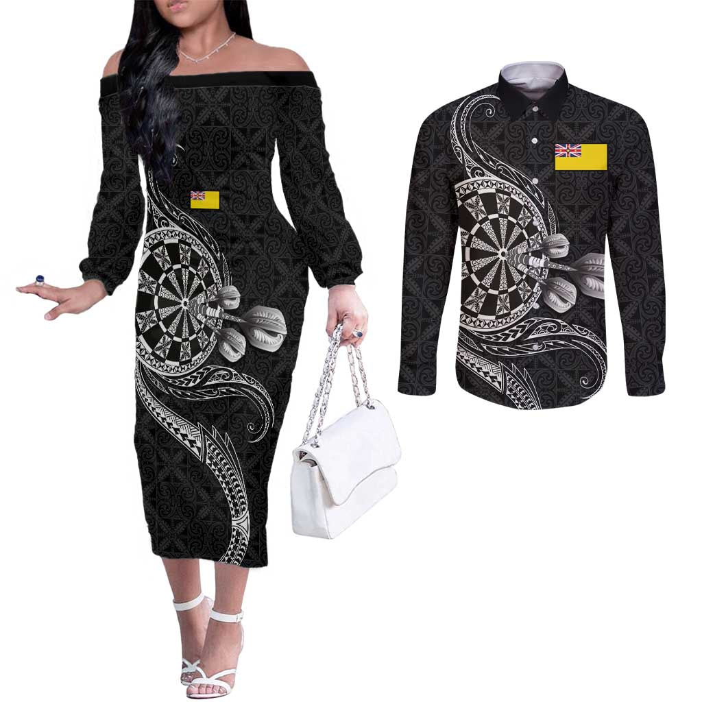 Personalised Niue Darts Masters Couples Matching Off The Shoulder Long Sleeve Dress and Long Sleeve Button Shirt Tribal Hiapo Dartboard - Polynesian Pride