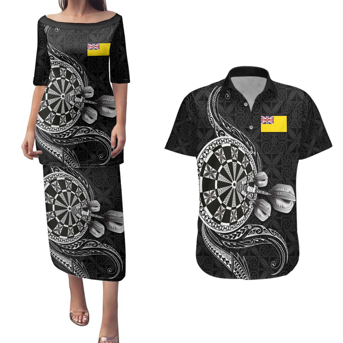 Personalised Niue Darts Masters Couples Matching Puletasi and Hawaiian Shirt Tribal Hiapo Dartboard LT03 Black - Polynesian Pride