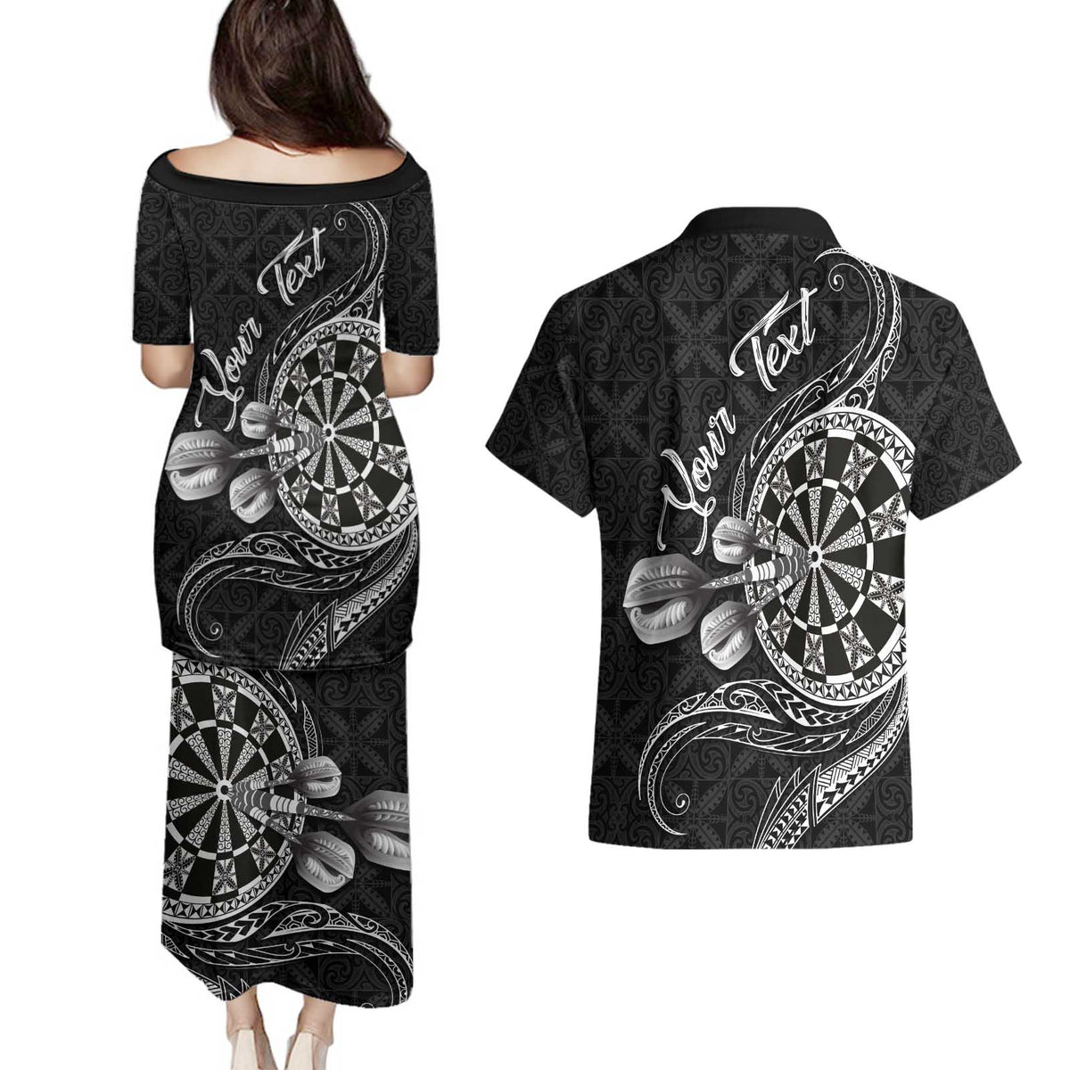 Personalised Niue Darts Masters Couples Matching Puletasi and Hawaiian Shirt Tribal Hiapo Dartboard LT03 - Polynesian Pride